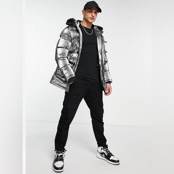 NWT- SIK SILK MENS XL PADDED PARKA w FUR HOOD in METALLIC SILVER & BLACK TRIM - Picture 4 of 16